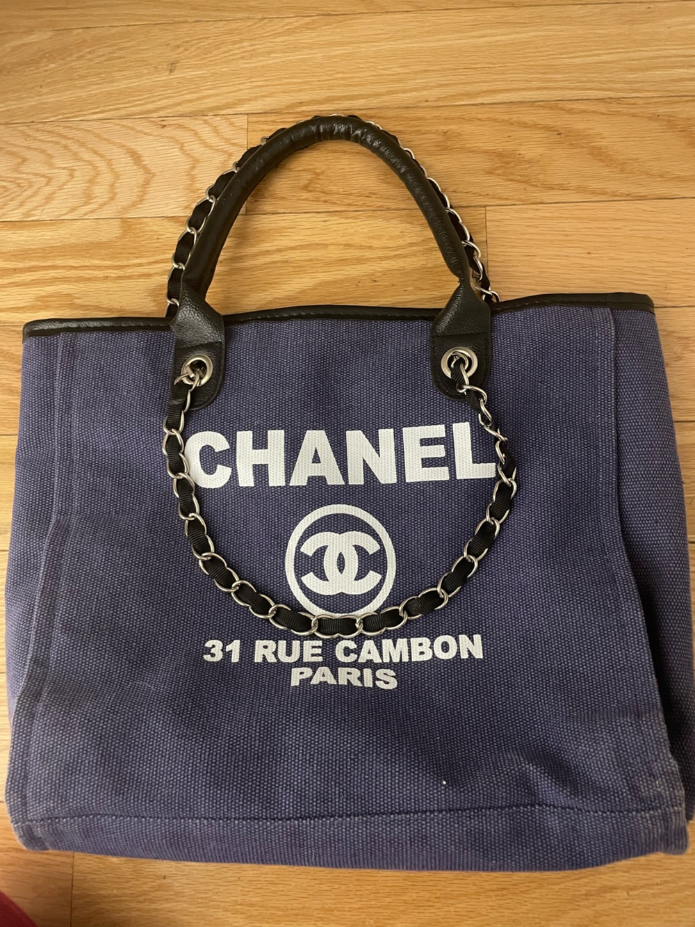 Navy Canvas Logo Tote with Chain-Trim Handles